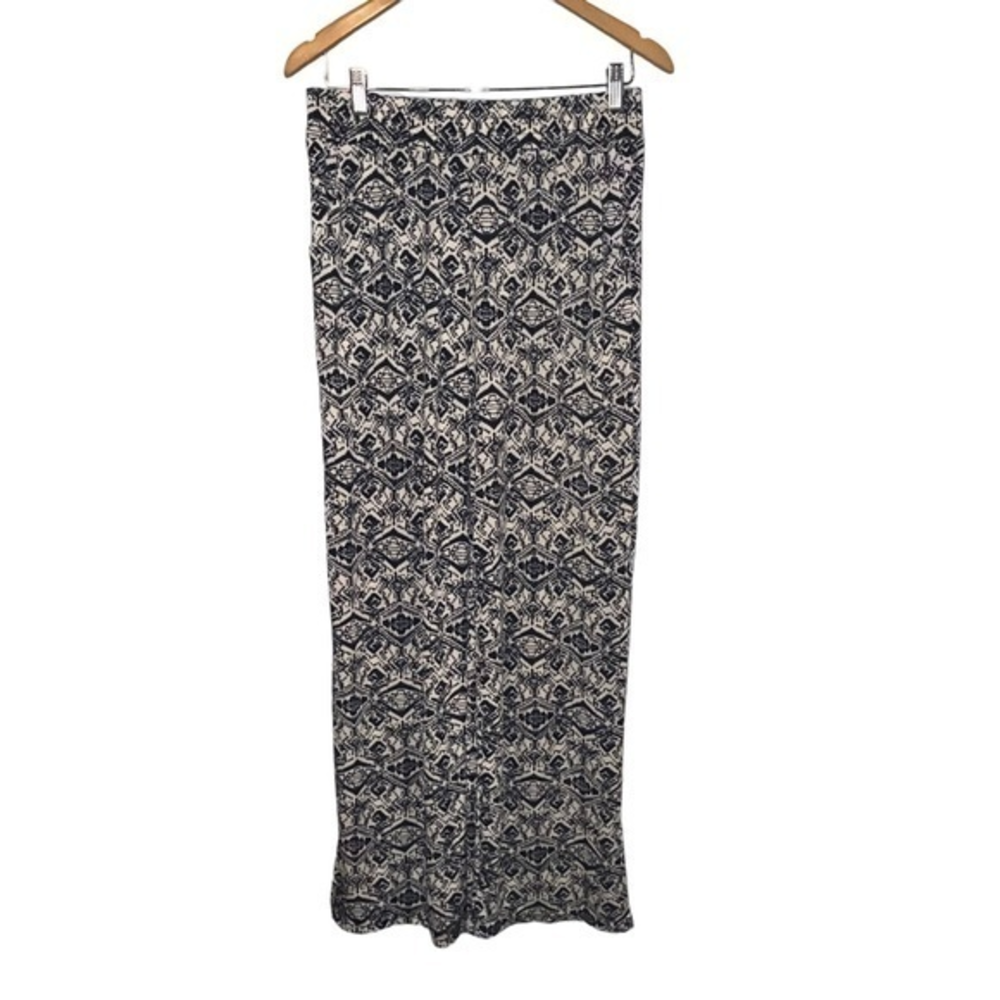 Navy Blue Geometric Diamond Print Wide Leg Pants Elastic Waist Pockets Boho #251